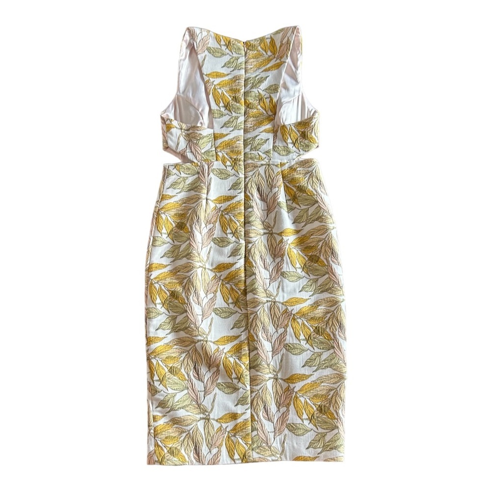 GIANNI BINI Women’s Open Sided Leaf Print Midi Pencil Dress in Gold/Beige/Tan - Picture 2 of 2